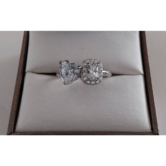 BNIB~3.45 Ct. DIAMONIQUE Heart & Cushion Halo Design Toi et Moi Ring Sz 8 - Picture 2 of 7